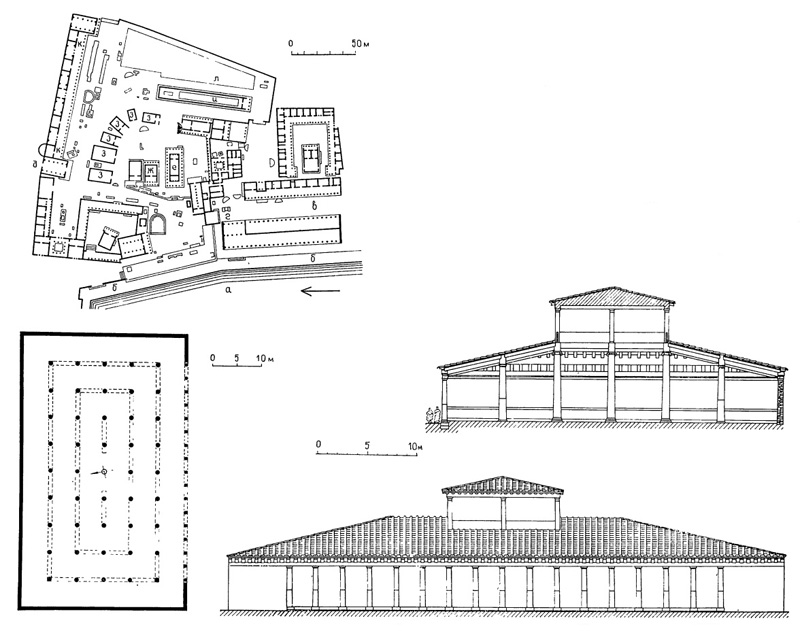 Архитектура Древней Греции. Остров Делос. Святилище Аполлона, план. Базилика: план, фасад, разрез