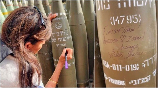 Никки Хейли: момент, когда она пишет "прикончи их" на израильском снаряде
