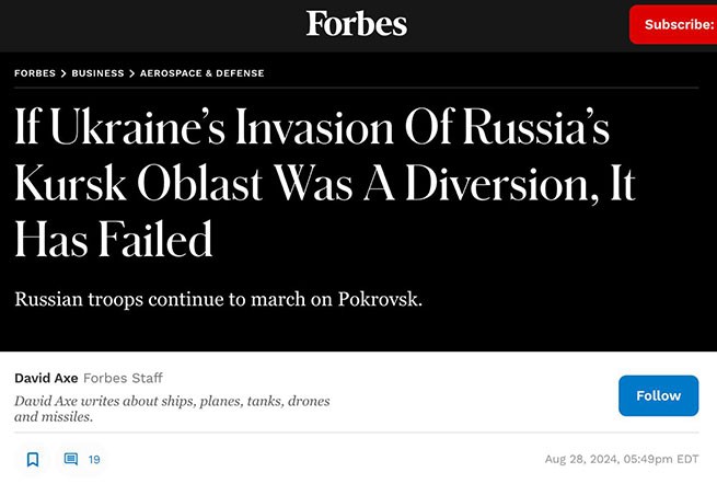 Forbes: "Если вторжение Украины в Курскую область России было отвлекающим маневром, то оно провалилось"